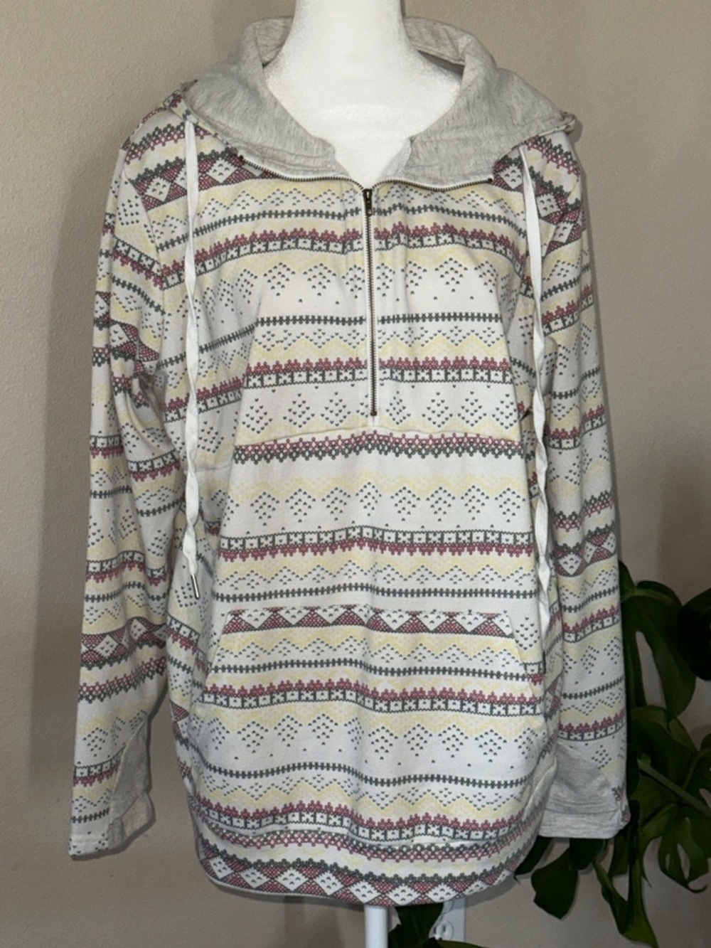Cozy Aztec Half-Zip Hoodie with Grey Accents, 1X